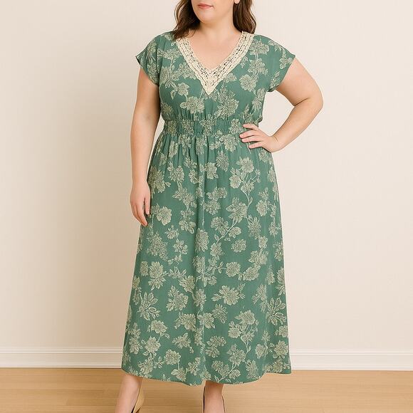 Vintage XL Floral Midi Dress Green Crochet Ruffle Flowy Hem Boho Lightweight - Picture 1 of 12